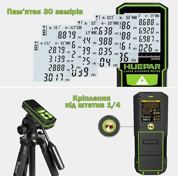 Лазерный дальномер Huepar S100-G с аккумуляторами